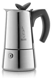 Sofisticata caffettiera 6 tazze in acciaio inox lucido pratico, resistente e inossidabile. Originale pomolo e manico in bakelite anticalore. Armonia e stile unita alla tradizione e alla qualità del celebre Omino coi Baffi