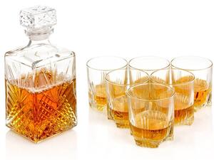 Servizio completo di decanter quadrato con tappo di chiusura e sei bicchieri whisky, vetro trasparente, economico, pratico, utile da possedere e da regalare