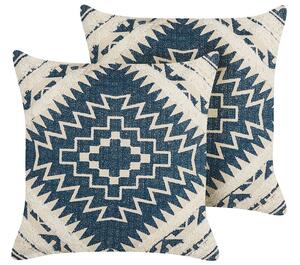 Set di 2 cuscini decorativi blu e beige cotone 50 x 50 cm motivo geometrico stampa boho decor accessori Beliani