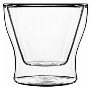Bicchiere in vetro borosilicato trasparente con doppia parete termica fatto a mano e lavabile in lavastoviglie. Ideale per la preparazione ed il servizio di monoporzioni, antipasti dolci e salati, stuzzichini e dessert vari
