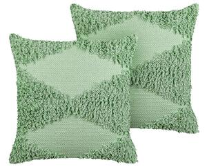 Set di 2 cuscini decorativi in cotone verde 45 x 45 cm tinta unita motivo geometrico trapuntato federa boho Beliani