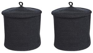 Set di 2 cestini in tessuto di cotone nero con strisce con coperchio boho accessori per la conservazione Beliani