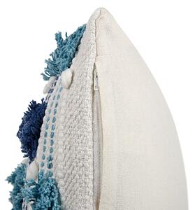 Set di 2 cuscini decorativi in cotone bianco e blu 45 x 45 cm tinta unita con nappine federa boho Beliani