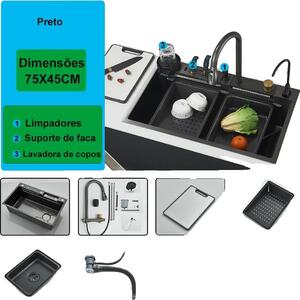 Lavello da cucina, grande monovasca, con rubinetto estraibile, nero 75x45cm