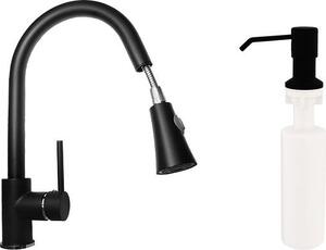 Granitan | Rubinetto per lavello in granito - rubinetto da cucina + dispenser per sapone - Nero - Altezza 40 cm - Orientabile a 360° - Estraibile