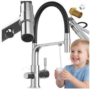 Granitan | Miscelatore da cucina Malta - Argento - Altezza totale 410 mm - Orientabile a 360° - Miscelatore con filtro per l'acqua