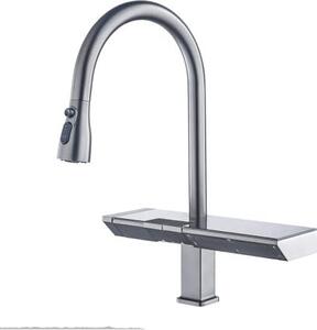 Rubinetto da cucina in ottone con display digitale, design a cascata, uscita dell'acqua, rubinetto monocomando freddo-caldo a 2 comandi, CWXKGL, cromo