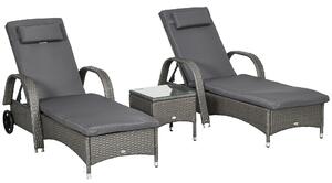 Outsunny Lettino Prendisole Tavolino da Giardino Set da Giardino 3 Pezzi, Rattan Sintetico+Metallo Grigio+Grigio Scuro