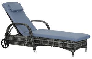 Outsunny Sdraio da Giardino in Polirattan con Schienale Regolabile in 5 Posizioni, Cuscino, Ruote, Portata 160 kg, Sedia Sdraio Relax per Giardino, 200x73x30-103cm, Grigio