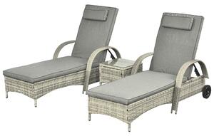 Outsunny Lettino Prendisole Tavolino Set da Giardino in 3 Pezzi, Rattan Sintetico+Metallo Grigio