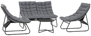 Outsunny Set di mobili da giardino per 4 persone, 2 sedie, 1 divano a due posti, 1 tavolino con piano in vetro, cuscini spessi, telaio in acciaio, per terrazza, grigio