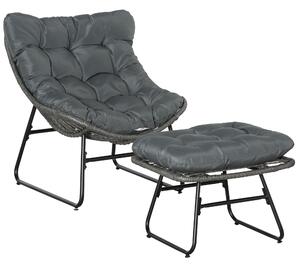 Outsunny Poltrona da Relax in Rattan con Sgabello per Giardino Poltrona in Rattan da Esterno con Cuscino in Acciaio Poliestere Grigio 69 x 76 x 70 cm | Aosom Italy