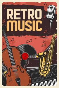 Illustrazione Retro music poster instruments and vinyl, seamartini, (26.7 x 40 cm)