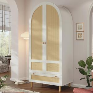 Armadio STILVORA, 80x50x180 cm, con aspetto rattan, armadio per biancheria con asta appendiabiti e cassetto, armadio da ingresso con design ad arco, bianco