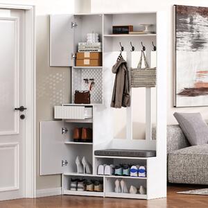 Set da ingresso STILVORA: appendiabiti da corridoio con panca e 4 ganci, mobile ausiliario con ante e cassetti, mobile contenitore con funzione scarpiera, bianco