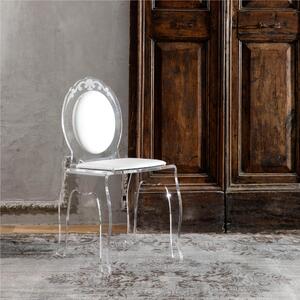 Sedia in cristallo acrilico trasparente CHARME Dimensioni 45 x 45 x 90 h cm. Spessore 15 mm con seduta in ecopelle amovibile colore bianco