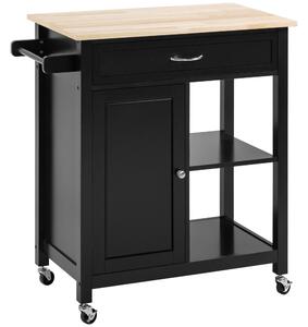 HOMCOM Carrello Cucina in Legno con Cassetto, Armadietto e 2 Ripiani Aperti, Mensola Regolabile, 2 Ruote con Freno, 83x45x88 cm, Nero | Aosom Italy