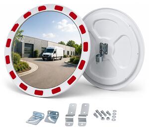 Specchio di sicurezza Relaxdays, 45 cm, con supporto a tubo, bordo riflettente, per uso esterno, specchio di sicurezza rotondo, bianco/rosso