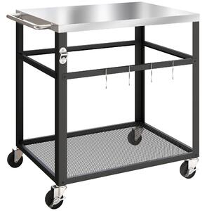 Carrello per Barbecue 82x55x79 cm con Piano 4 Ganci a S Maniglia e Apribottiglie in Acciaio Inox Nero