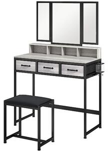 HOMCOM Toeletta per Trucco con Specchio Trifacciale Smontabile Sgabello 3 Cassetti in Tessuto Porta Asciugacapelli Grigio | Aosom Italy