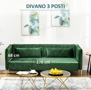 HOMCOM Divano 3 Posti Moderno con Cuscini Imbottiti, Gambe in Acciaio e Tessuto Vellutato, 200x88x76 cm, Verde