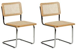 Set di 2 sedie da pranzo in legno chiaro e rattan naturale Gambe d'argento a sbalzo Design retrò senza braccioli Beliani