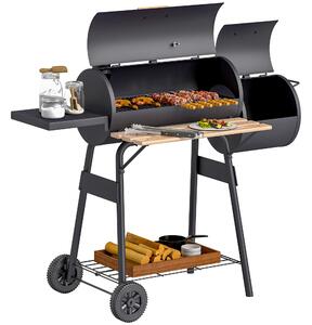Outsunny Barbecue da Giardino con Coperchio, Ripiani e ruote, Termometro illuminato e manici in legno, 124x53x104cm, Nero | Aosom Italy