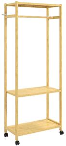 HOMCOM Stand Appendiabiti da Terra con Barra, Ripiani e 4 Ruote in Bambù, 70x35x175 cm, Legno Naturale | Aosom Italy