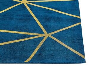 Tappeto Blu con Motivo Geometrico dorato Viscosa e Cotone 80 x 150 cm Intrecciato a Mano Stile Glam Moderno Beliani
