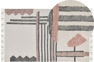 Tappeto in cotone beige e Nero scandi tessuto a mano con frange 140 x 200 cm Beliani