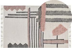 Tappeto in cotone beige e Nero scandi tessuto a mano con frange 160 x 230 cm Beliani