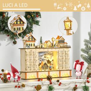 HOMCOM Calendario dell'Avvento in Legno con 24 Cassetti da Riempire, Decorazione con Villaggio di Natale e Luci, 44x10x37cm