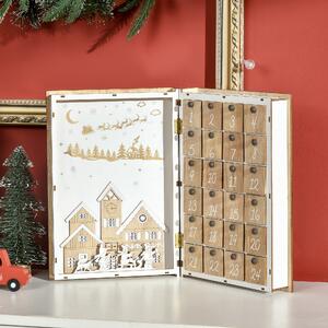 HOMCOM Calendario Avvento di Natale in Legno a forma di Libro con Temi natalizi, 22x7x32 cm, Bianco e color Legno