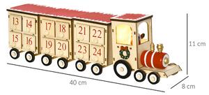 HOMCOM Calendario Avvento di Natale a forma di Treno con Babbo Natale e Luce LED Inclusa, in Compensato, 40x8x11 cm
