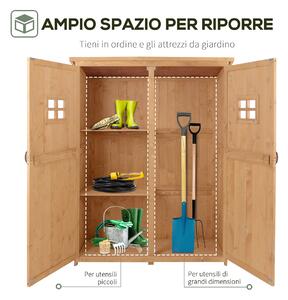 Outsunny Casetta da Giardino Legno con Porta Doppia, Mensole e Finestre, 127.5x50x164cm