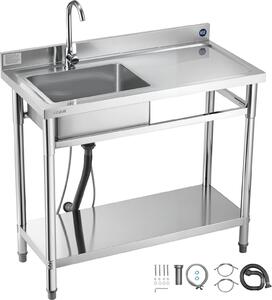 Lavello VEVOR in acciaio inox (100 x 50 x 94 cm), vasca singola con rubinetto e ripiano, lavello da cucina per garage ristorante lavanderia, lavello da esterno con piano di lavoro (a destra)