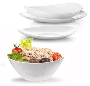 Servizio piatti per sei persone completo di scodella insalata in vetro temperato, colore bianco, forma ovale effetto embossed esterno, grande resistenza, adatto per microonde