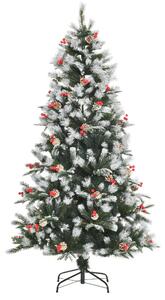HOMCOM Albero di Natale Innevato 180cm con Bacche Rosse e Pigne Bianche, Base Rimovibile Pieghevole, 678 Rami, Verde