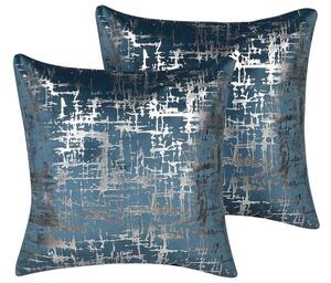 Set di 2 cuscini decorativi Velluto blu Argento effetto craquelé 45 x 45 cm Motivo stampa lamina Accessori arredamento glamour Beliani