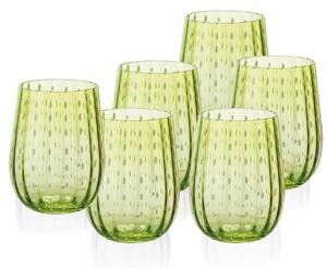 Bicchieri acqua in vetro decorato con una delicata colorazione verde acqua. Elegante design a tulipano. Iridescente, colori caldi, delicati, naturali. Lavabili in lavastoviglie