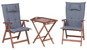 Set da bistrot da giardino in legno di acacia chiaro tavolo 2 sedie con cuscini blu schienale regolabile pieghevole stile rustico Beliani