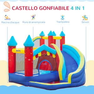 Outsunny Castello Gonfiabile 4 in 1 per Bambini da 3 a 8 Anni con Scivolo, Trampolino, Piscina e Gonfiatore Incluso, 290x270x230cm