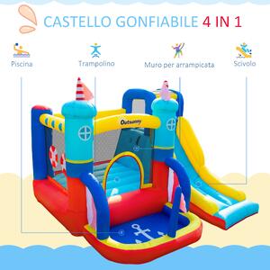Outsunny Castello Gonfiabile 4 in 1 per Bambini da 3 a 8 Anni con Scivolo, Trampolino, Piscina e Gonfiatore Incluso, 265x260x200cm