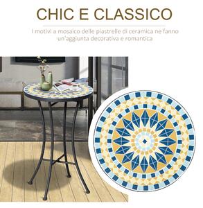 Outsunny Tavolino da Giardino in Metallo con Piano d'Appoggio a Mosaico in Ceramica, Ф35.5x53.5cm, Multicolore
