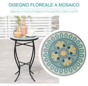 Outsunny Tavolino da Giardino Rotondo in Metallo con Piano d'Appoggio a Mosaico, Ф35.5x53.5cm, Multicolore