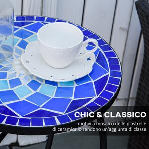 Outsunny Tavolino da Giardino Rotondo in Metallo con Piano in Ceramica, Design a Mosaico, Ф35.5x53.5cm, Blu e Bianco
