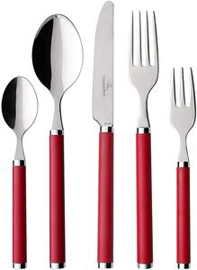 <p>Servizio posate tavola complete di forchettine dolce per 6 posti tavola in acciaio inox con manico in plastica rosso.</p>
