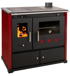 Cucina a legna Praktik Lux Eco con piano cottura e forno in ghisa - potenza nominale 9,5 kW - pannelli laterali rossi - classe di efficienza energetica A+