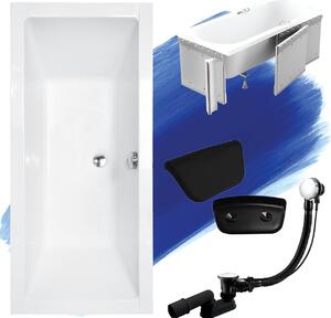 Set vasca rettangolare 5in1 165x75 con set di scarico premium e piedini GRATIS + rivestimento (polistirolo) + poggiatesta nero | BADLAND QUADRO