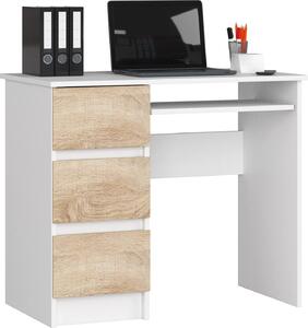 BDW, scrivania per computer con 3 cassetti, cassetto per tastiera, 90x77x50 cm, bianco/rovere Sonoma (a sinistra)